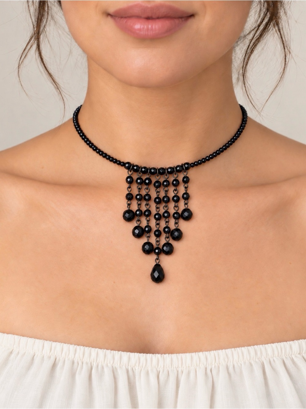 Victorian style black glass beaded cascading fringe choker necklace